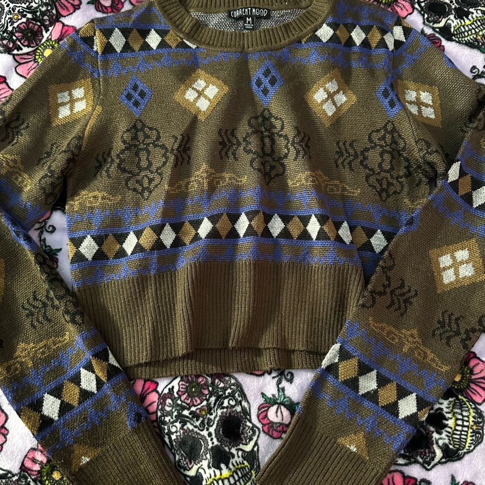 Current Mood Brown and Blue Patterned Sweater - image 1